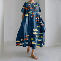 Ladies Fashion Bohemian Fish Print Long Dress for Ladies - plus size wide cut summer dress, crew-neck and elegant summer dress