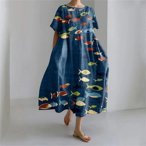 Ladies Fashion Bohemian Fish Print Long Dress for Ladies - plus size wide cut summer dress, crew-neck and elegant summer dress