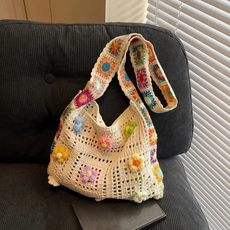 Large Capacity Boho Tote Bag Trendy Floral Crochet Handbag Vintage Multicolor Cut-out Knitted Handbag Fashionable Hollow out